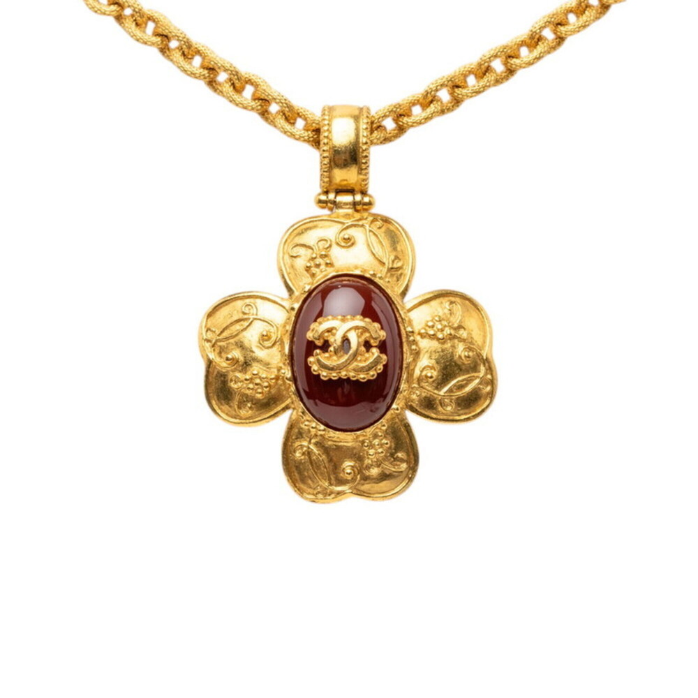 Chanel Coco Mark Flower Motif Vintage Chain Pendant Necklace 96A Gold Wine Re...